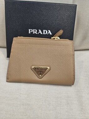 Prada Saffiano Baige Leather Zip Card Holder Wallet